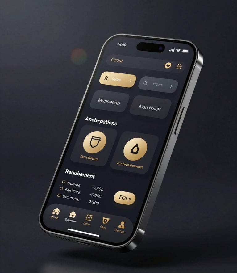 A premium smartphone mockup showing a modern mobile app dashboard with dark theme and gold UI elements, floating over a deep #0A0A0A background with subtle lens flare.