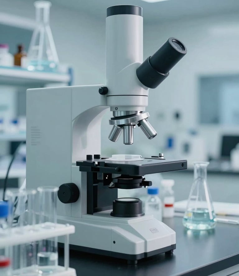 A sterile laboratory environment with precision scientific equipment and glass vials containing liquid reagents, soft white and muted steel blue colors, professional lighting, Global / Industrial.