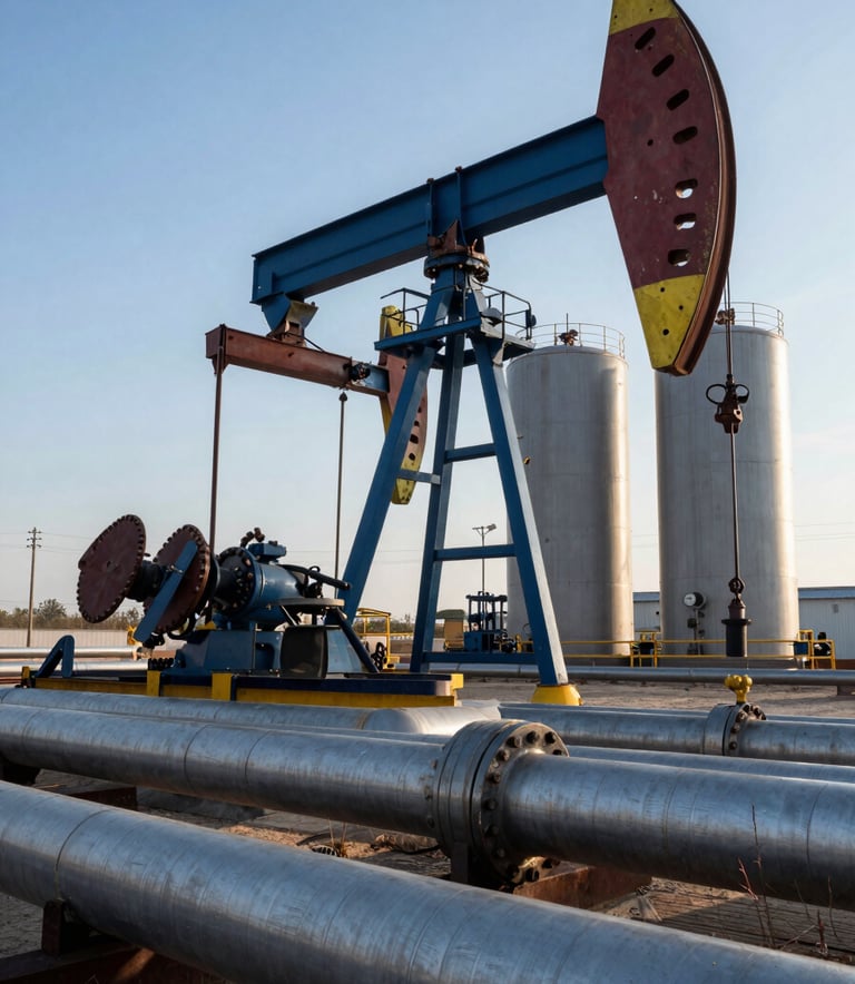 Clean photography of heavy industrial steel pipelines and high-pressure tanks at a global industrial oil extraction site, morning light, deep blue and gray tones.