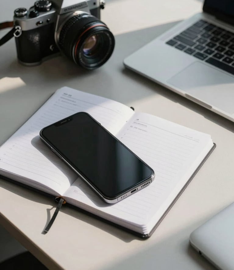 A minimalist flat lay on a light gray desk in a North American office, featuring a smartphone, a planner, a camera, and a laptop, lit by soft afternoon sun.