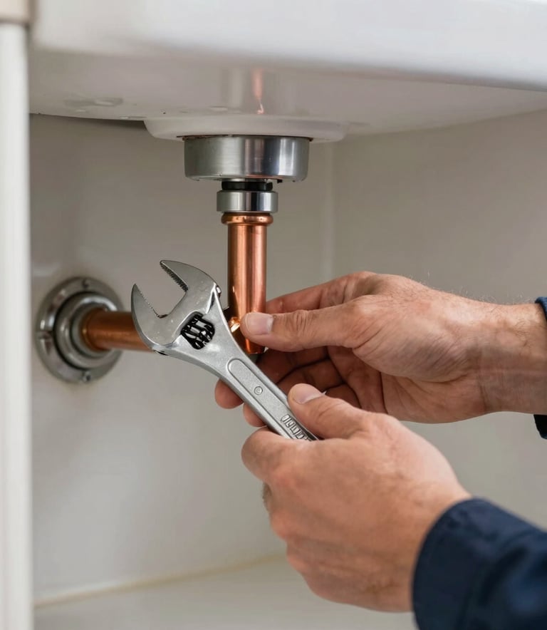 A close-up photograph of a professional plumber's hands using a wrench to repair a copper pipe under a sink in a modern North American / US home. The lighting is bright and clear, emphasizing the metallic textures and the dark blue uniform sleeve.