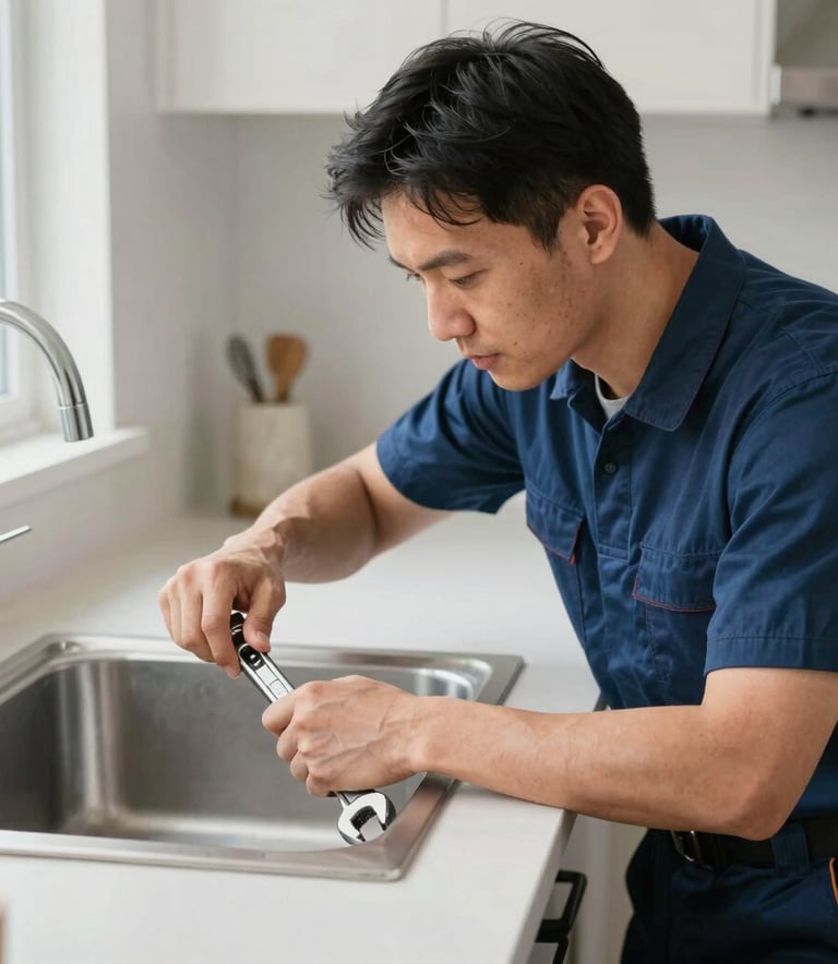 A professional plumber in a clean uniform using a wrench to repair a modern kitchen sink in a bright North American / US home, focus on hands and tool, light gray and dark blue tones, professional photography.