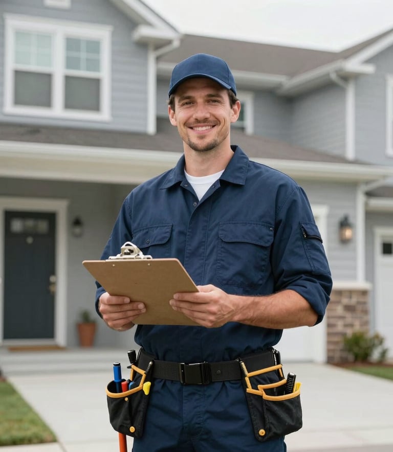 A professional plumber standing confidently in front of a modern North American / US suburban home, wearing a clean dark blue uniform with a tool belt, holding a clipboard and smiling, suggesting expert and friendly service.