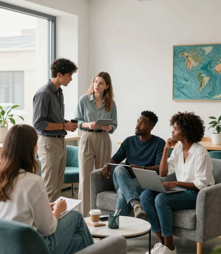 Lifestyle photography of a group of young professionals collaborating in a bright, modern co-working space, Global / African diaspora. The scene is filled with natural light, featuring cool gray furniture and teal decor elements.