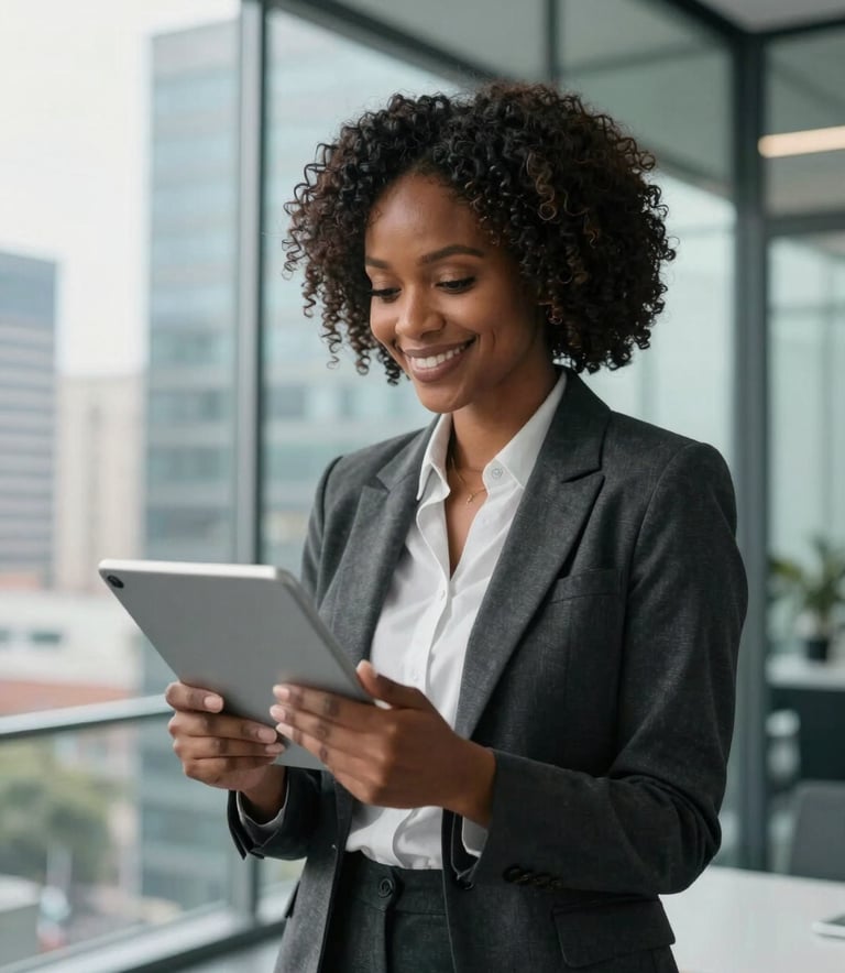 A high-end portrait of a professional woman in a sleek, glass-walled office in a modern African city, Global / African diaspora, looking at a tablet with a confident smile. Soft natural morning light with charcoal and teal accents.