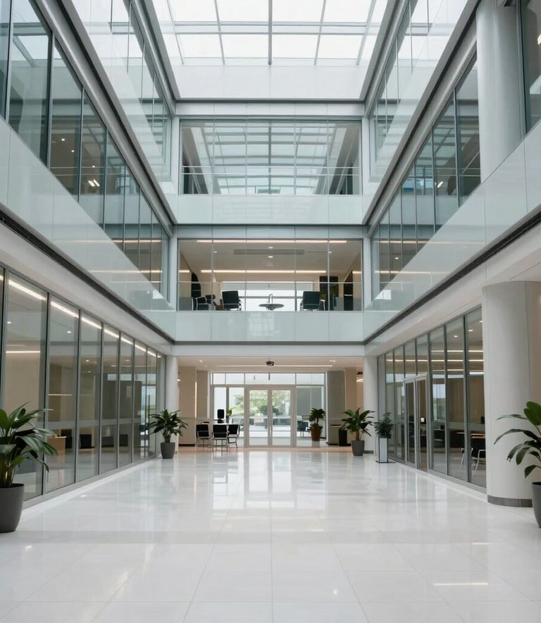 Clean and minimalist wide-angle shot of a tech-focused corporate lobby with glass and steel architecture, North American / International style, emphasizing a professional and trustworthy atmosphere.