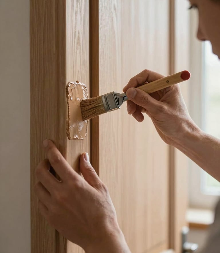 A close-up shot of a professional's hands carefully painting a wooden door frame in a bright Central European / French home interior. The paint is a warm earthy tone, and the lighting is soft and natural, emphasizing precision and care.