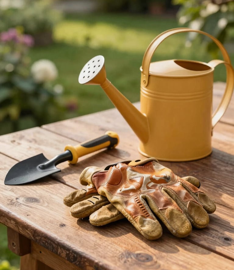 Close-up of professional gardening tools and leather gloves resting on a rustic wooden table next to a soft amber watering can, set in a lush Central European / French garden during golden hour with warm, natural lighting.