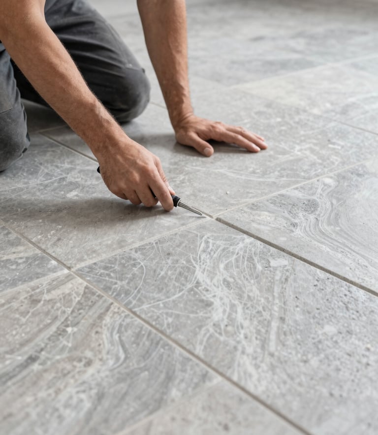A detailed close-up of a professional installer laying high-quality natural stone tiles on a kitchen floor in a Northern European home. The lighting is bright and clear, highlighting the precise grout lines and the luxurious texture of the silver-grey stone. Professional and clean atmosphere.