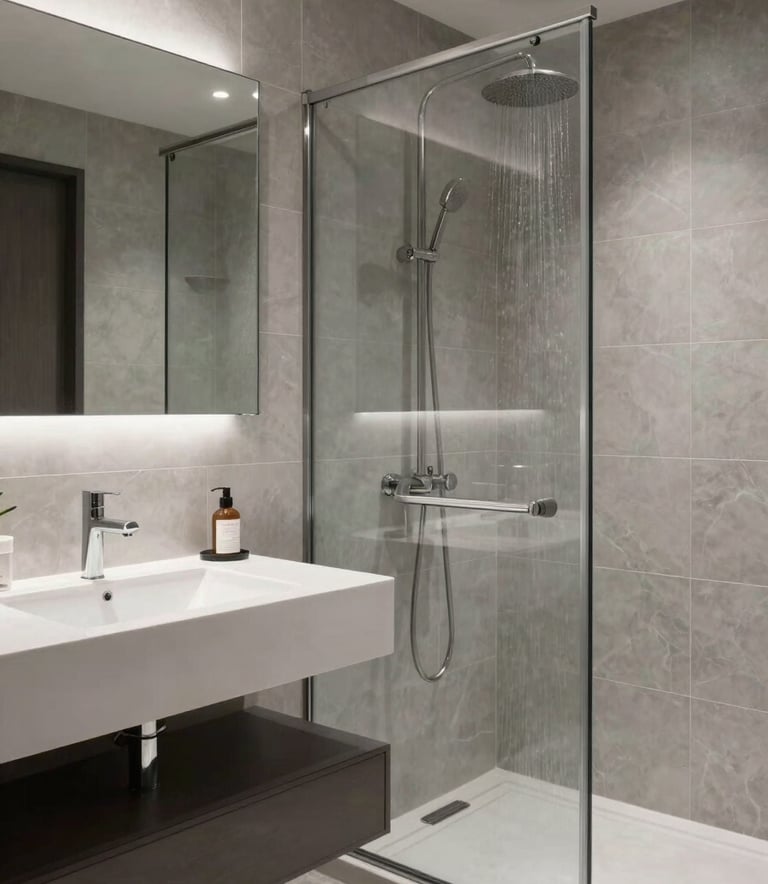 A professional interior shot of a modern bathroom renovation in Noord-Holland. Features include a floating vanity, rain shower with glass enclosure, and bespoke tiling in light gray tones. The style is clean, modern, and exudes luxury.