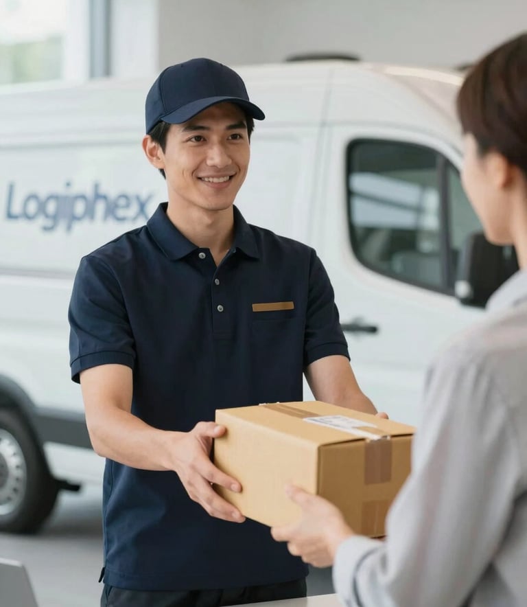 A professional courier in a modern dark uniform handing a package to a client in a bright, contemporary office setting. A delivery vehicle with Logiphex branding is visible in the background, showing precision and reliability.