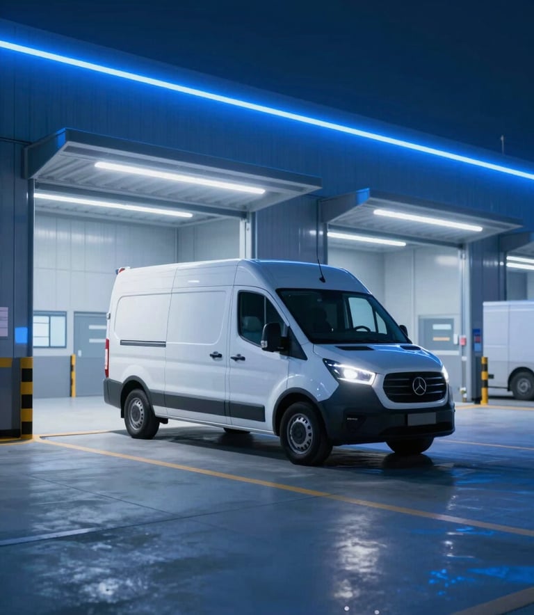A sophisticated, high-speed logistics hub at night with blue #1C4E80 lighting accents. A sleek, modern courier van is parked in a clean, illuminated loading bay, conveying precision and readiness. The style is sharp and professional with a focus on cutting-edge technology.