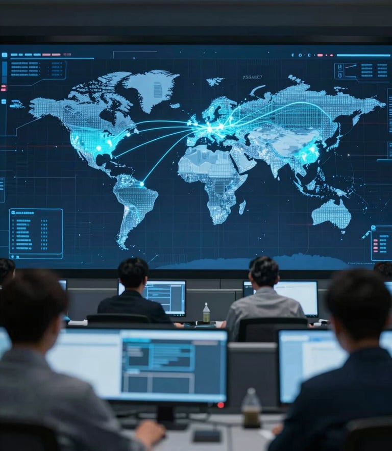 A high-tech logistics control room showing a digital world map with glowing light-blue transit routes (#56A8C7). The atmosphere is professional and sophisticated, emphasizing cutting-edge global tracking technology.
