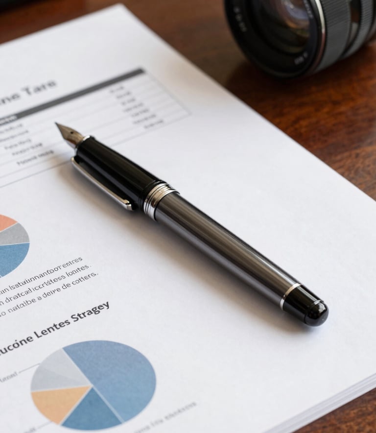 A close-up of a high-end fountain pen resting on a detailed marketing strategy document and analytical reports on a sleek mahogany desk in a North American corporate setting.