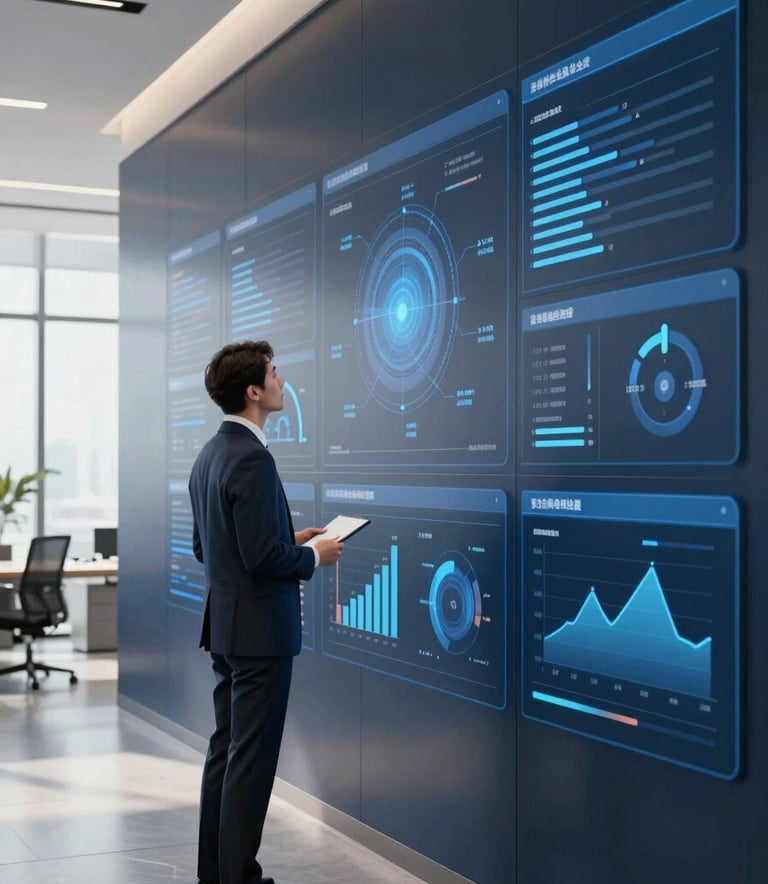 A high-end North American office interior where a professional is looking at a wall of data visualizations. The lighting is bright and clean, reflecting a sophisticated and authoritative atmosphere. The color palette includes deep navy and steel blue accents.