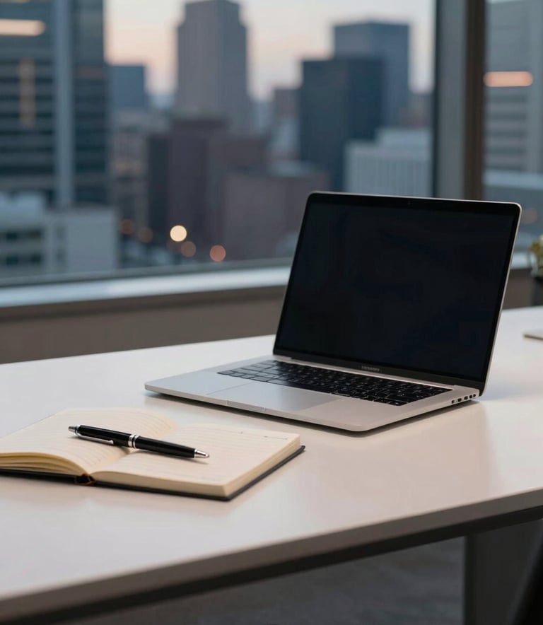 A sleek, modern desk setup in a North American urban office. A laptop sits next to a notebook and a professional pen. The background features a blurred view of a city skyline at dusk, with lighting in muted blue and off-white tones.
