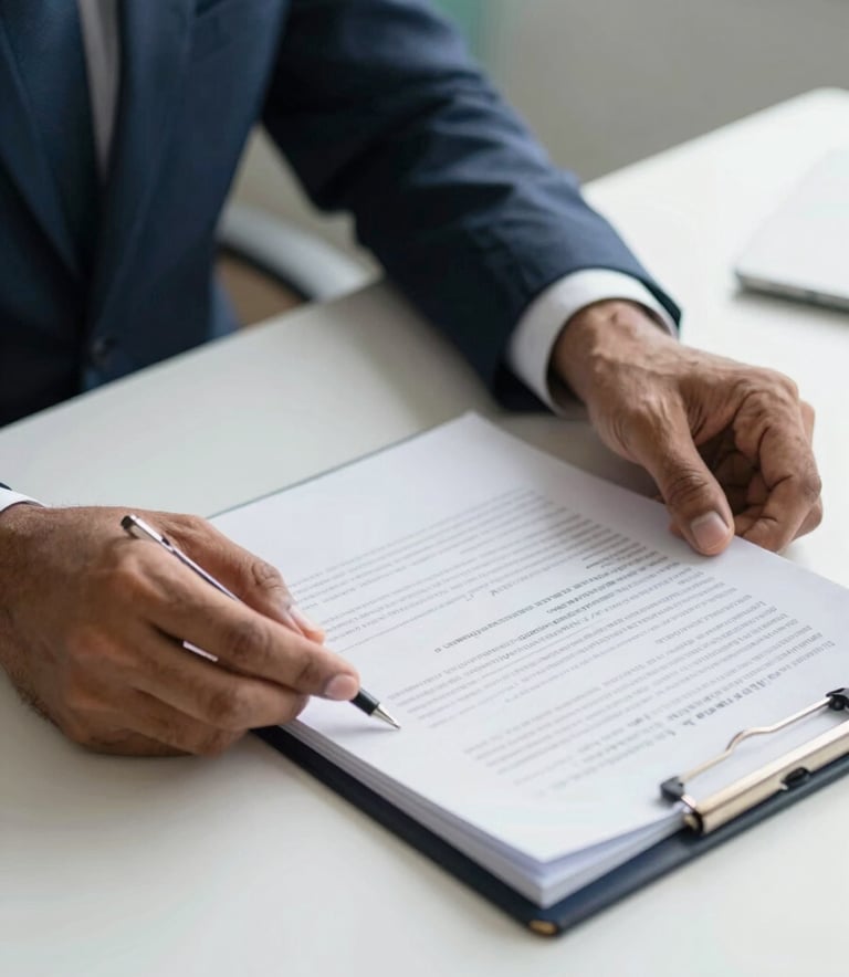 A close-up of a South Asian / Indian professional's hands reviewing legal documents on a clean white desk, professional and focused atmosphere, soft morning light with hints of deep blue and teal in the background.