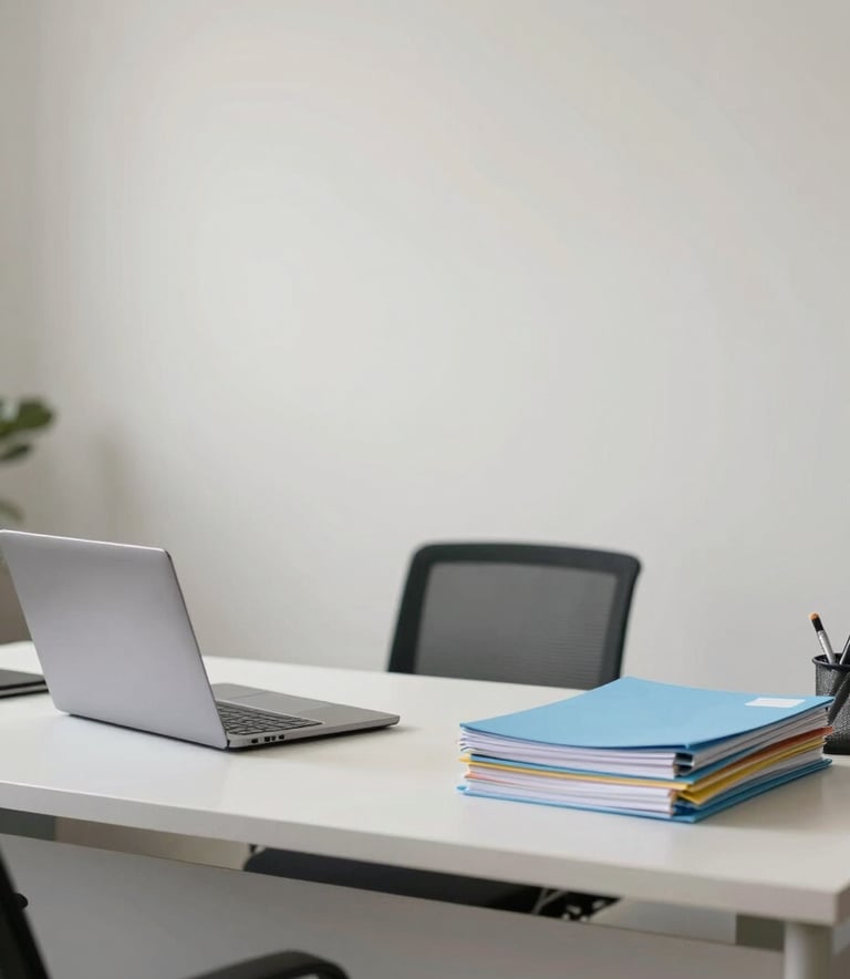 A minimalist and sophisticated office scene in a South Asian / Indian corporate hub, featuring a clean desk with a laptop and organized files, colored in a palette of off-white and light blue, professional and efficient vibe.