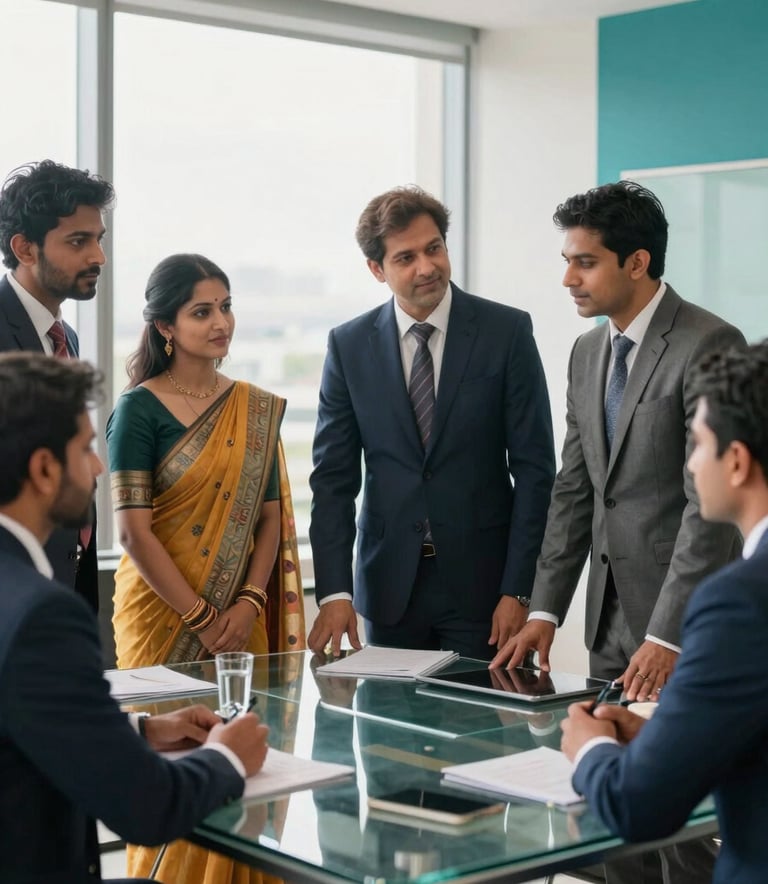 A group of diverse South Asian professionals in formal business attire, such as saris and tailored suits, collaborating around a modern glass table in a bright office. Soft natural lighting fills the room, which is decorated with navy and teal accents.