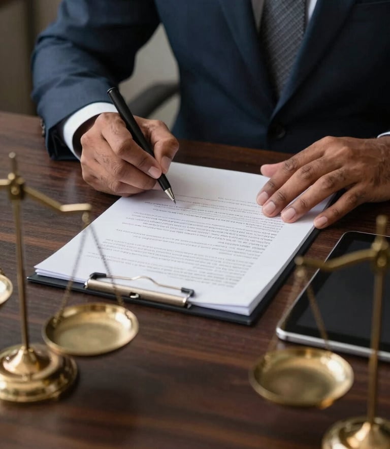 A close-up of a South Asian professional's hands signing legal documents on a dark wooden desk. A brass scale of justice and a modern tablet are visible nearby. The lighting is focused and professional, highlighting a sophisticated atmosphere with deep navy and grey tones.