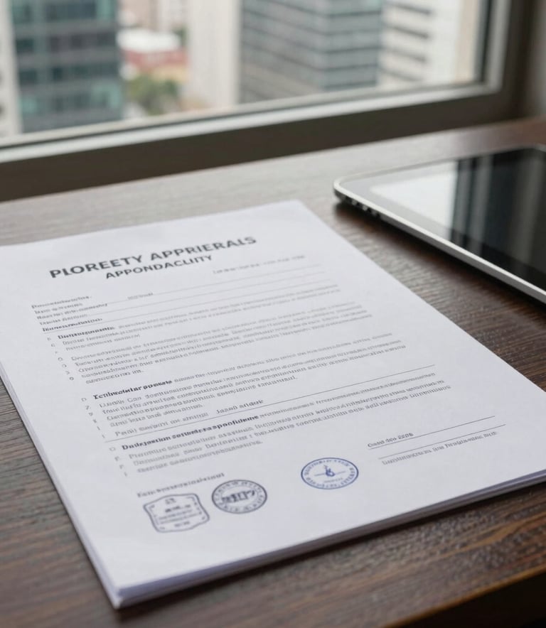 Detailed photography of a professional property appraisal report with official stamps, resting on a dark wood desk next to a digital tablet. In the blurred background, a window overlooks a modern South American metropolitan skyline with glass buildings. The scene is illuminated by crisp, natural morning light, conveying trust and expertise.