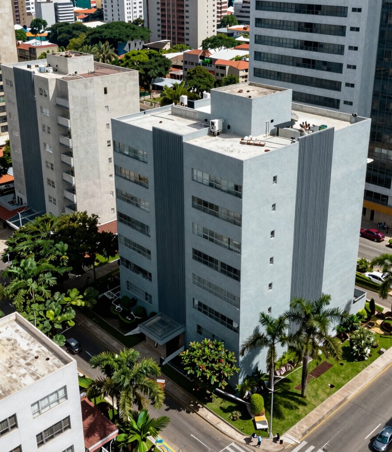 A sharp, high-angle photograph of a modern residential neighborhood in a South American city, featuring clean architecture and lush green landscaping, bright natural daylight, shades of light blue-gray and slate blue.