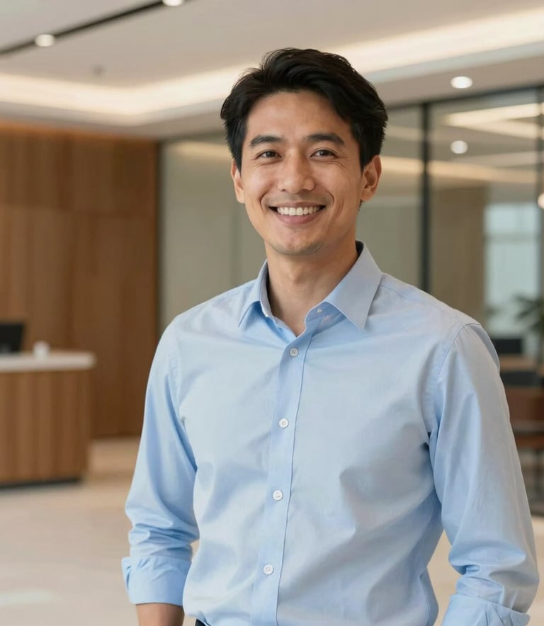 A professional South American real estate broker in a smart light blue shirt, confidently smiling in a bright, modern corporate lobby with wood and glass elements. The lighting is warm and professional, reflecting a trustworthy expertise.
