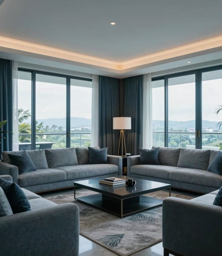 Interior photography of a spacious and elegant South American penthouse living room, contemporary design with floor-to-ceiling windows, natural soft lighting, colors reflecting slate blue and light gray-blue.