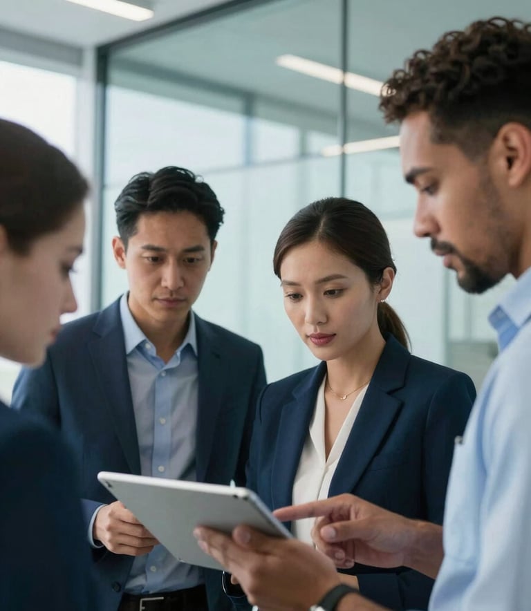 A close-up photography of a diverse group of professionals collaborating in a sleek, glass-walled office in a Global / International setting. They are looking at a digital tablet together. The lighting is bright and modern with deep ocean blue and pale arctic white tones.