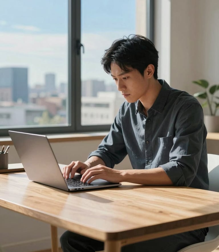 Photography of a focused individual learning at a minimalist wooden desk in a sunlit home office. A high-end laptop is open on the desk. The scene includes soft sky blue accents and a Global / International city view through the window.