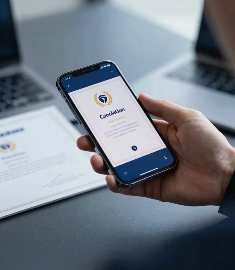 A person receiving a digital certificate on a modern smartphone screen in a high-end office setting, global professional context, clean and sophisticated, dark blue tones.