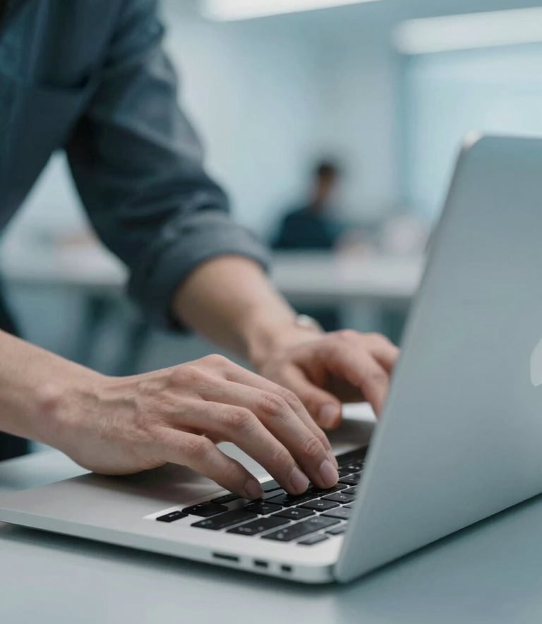 A close-up of collaborative hands working on a modern laptop in a sleek coworking space, international workplace, professional and modern style, light blue and very light blue color scheme.