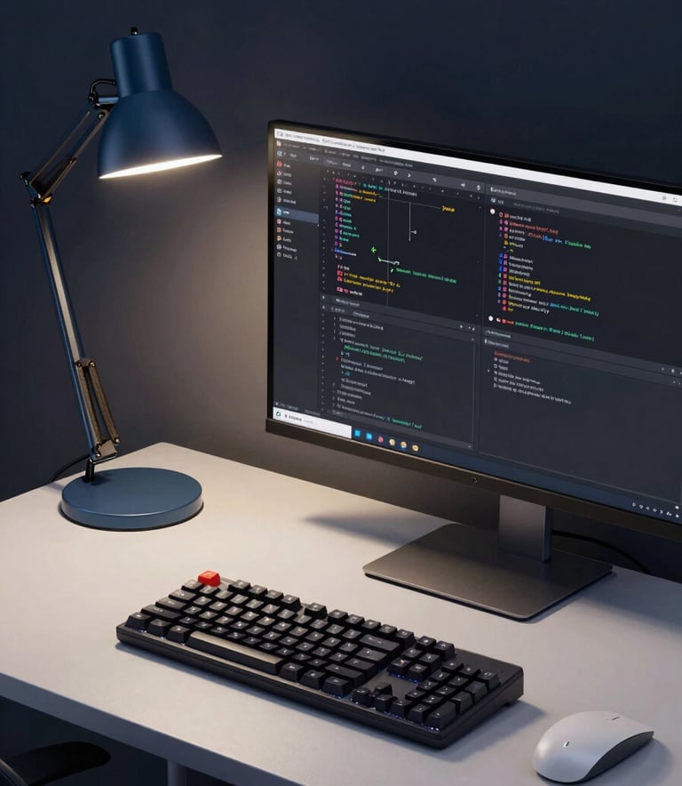 A clean, high-end desk setup featuring a mechanical keyboard, a high-resolution monitor displaying a coding environment, and a minimalist steel blue desk lamp. The lighting is moody with deep navy and soft off-white accents, reflecting a professional developer aesthetic.