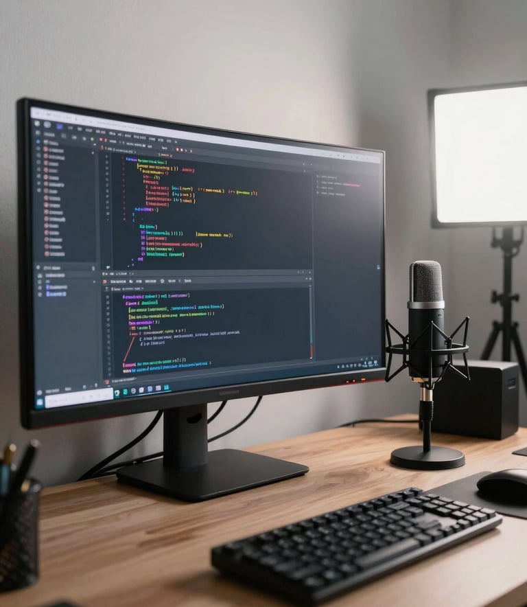 A professional creator workspace featuring a wide curved monitor displaying code, a high-end microphone, and clean mist lighting.