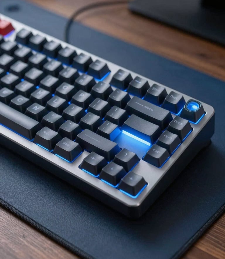 Close-up of a sleek mechanical keyboard on a charcoal blue desk mat, illuminated by subtle aero blue neon light from the side in a professional setting.