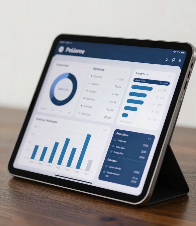 A close-up shot of a modern tablet displaying a sophisticated analytics dashboard with steel blue and deep navy accents. The tablet sits on a dark wooden surface in a bright, soft off-white studio environment.