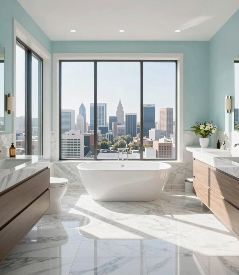 Wide shot of a bright, modern Los Angeles master bathroom with large windows letting in natural sunlight, featuring white marble floors and soft aqua blue accents on the walls, high-end photography, clean and airy feel.