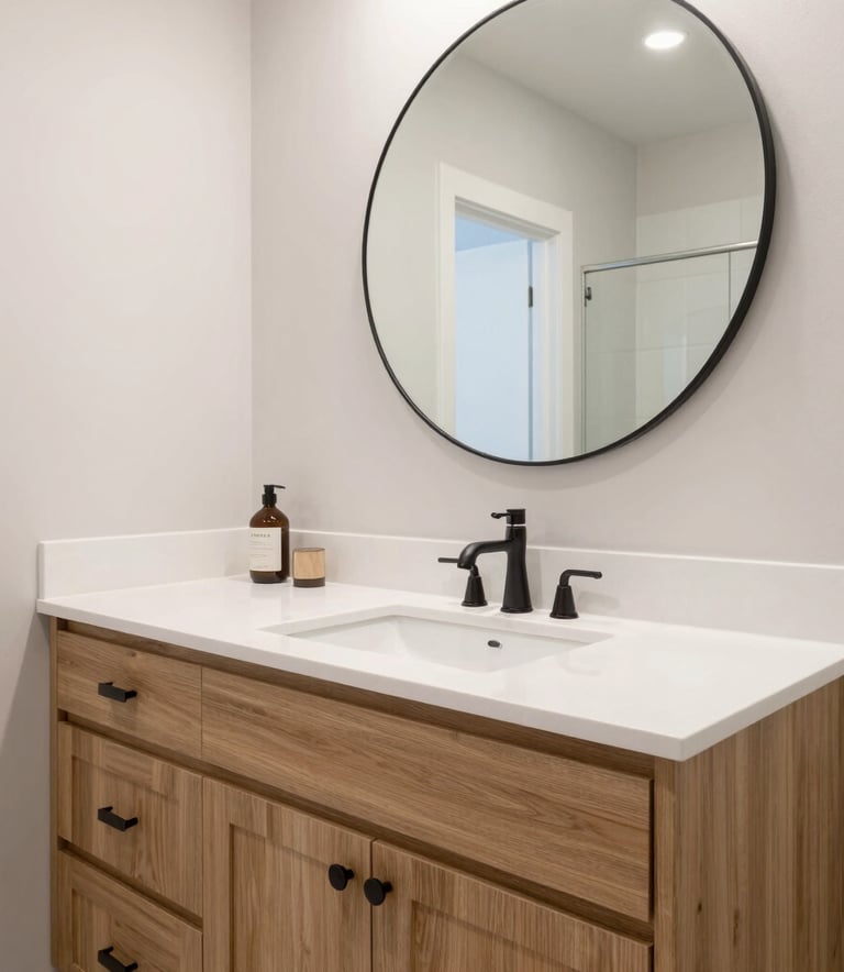 Interior photography of a modern bathroom renovation in a North American home, focusing on a custom oak wood vanity with a white quartz countertop, bright lighting, and a large round mirror reflecting a clean, minimalist space.