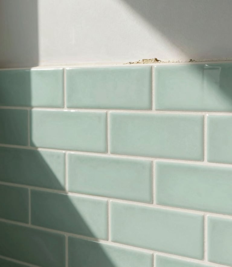 A close-up photograph of professional tile replacement in a modern North American bathroom, showing clean white grout lines and soft mint green subway tiles under bright natural light.