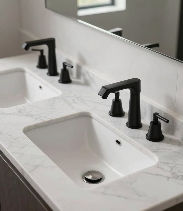 A high-end bathroom vanity with a sleek white marble top, double porcelain sinks, and modern matte black faucets in a sun-drenched Los Angeles home.