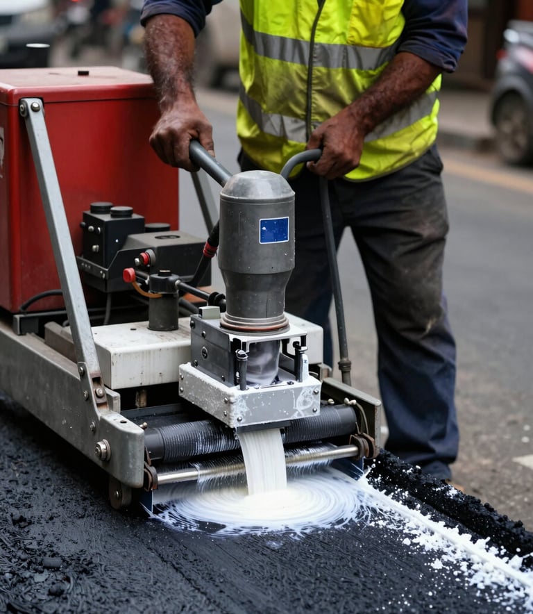 Close-up action shot of a road worker in a high-visibility yellow vest and safety gear operating a thermoplastic line painting machine on a South Asian city street. The molten white paint is being applied with perfect precision on the dark road surface. Natural daylight.