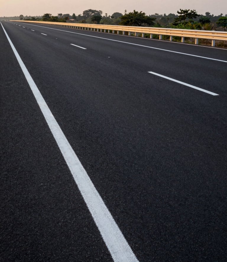 A wide-angle professional photograph of a newly constructed six-lane highway in India. The image features crisp, bright white thermoplastic road markings and reflective studs stretching towards the horizon. The lighting is the golden hour of sunset, highlighting the smooth black asphalt. South Asian landscape in the background.