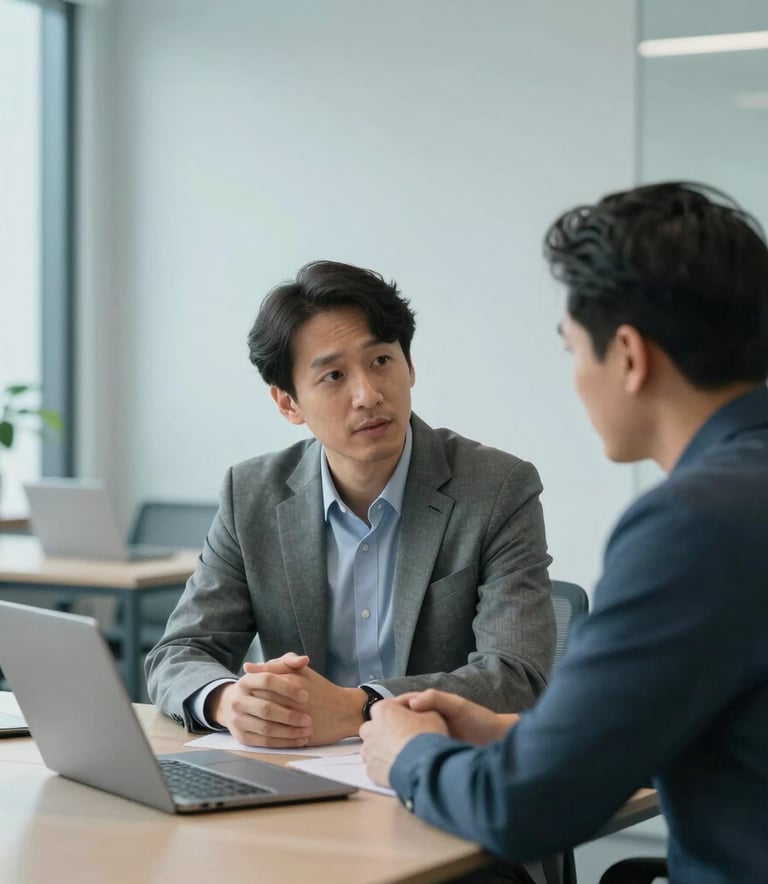 A supportive one-on-one professional meeting in a bright North American / US office environment, with pale blue and grey decor creating a calm and focused atmosphere.