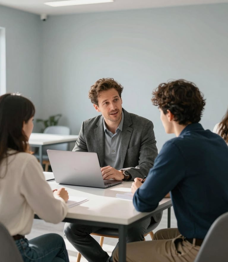 A professional mentorship session in a sun-drenched North American community center. A mentor and candidate sit at a clean, white table with a laptop, sharing an encouraging conversation. The room features soft light grey-blue walls and a modern, airy aesthetic.