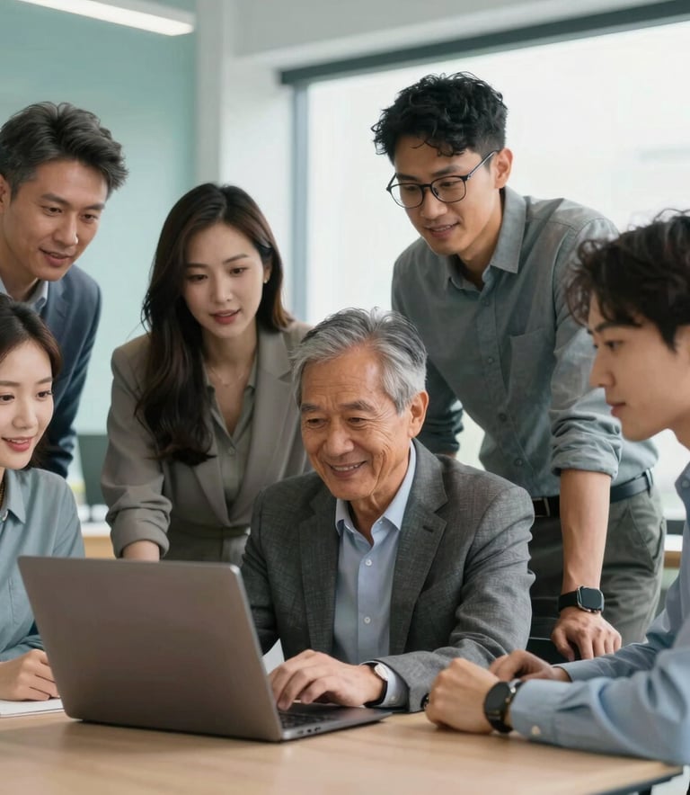 A diverse group of professionals in a North American / US setting collaborating around a laptop in a bright, modern office with soft teal accents, conveying hope and teamwork.