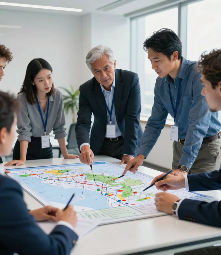 Photography of a professional South American office environment, a diverse management team discussing logistics strategy over a large digital map, bright soft lighting, soft white and deep blue tones, high-end professional atmosphere.