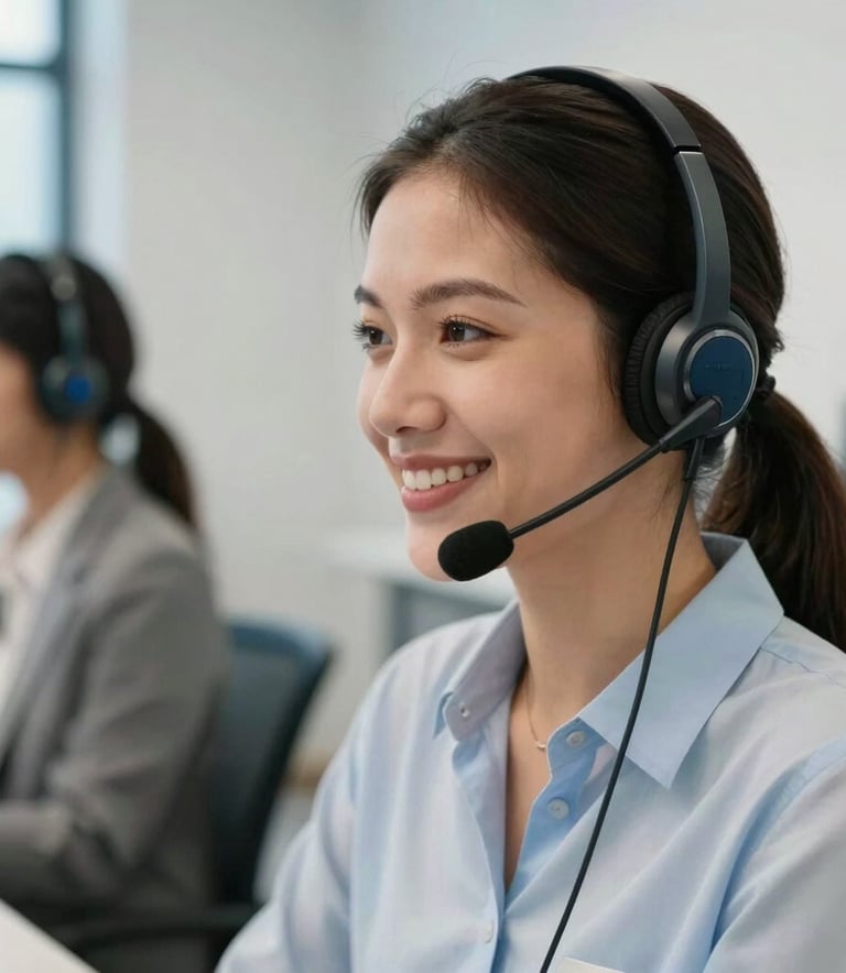 A close-up photograph of a professional South American customer service agent wearing a modern headset, smiling warmly, sitting in a clean and efficient call center with blue and soft white decor.