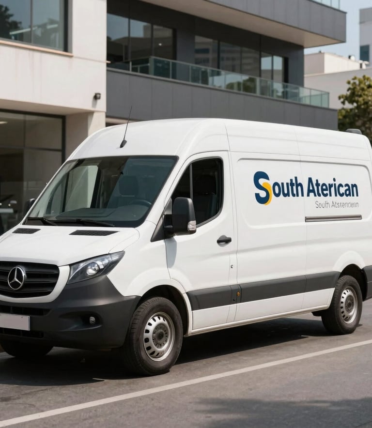 A clean, white delivery van branded with professional lettering parked in a modern South American commercial district, bright daylight, sharp focus on vehicle efficiency.