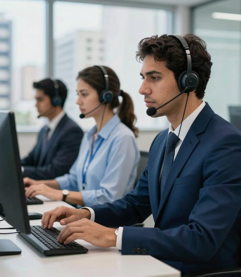 A high-end telecommunications office in a Brazilian city with professional operators wearing modern headsets, focused and efficient atmosphere, soft lighting, using a palette of deep blue and light blue.