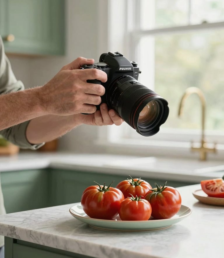 A photographer in a North American / US kitchen setting, using a high-end camera to shoot a plate of vibrant heirloom tomatoes. Soft, natural morning light through a window. The style is professional and clean with Matte Forest Green accents.